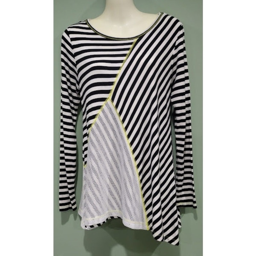 Skye's the Limit Striped Long Sleeve Tunic w/Netting, Black, White, Sz S